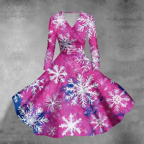 Women's Casual V-Neck Slim Fashion Christmas Long Sleeve Printed Dresses - Image 25