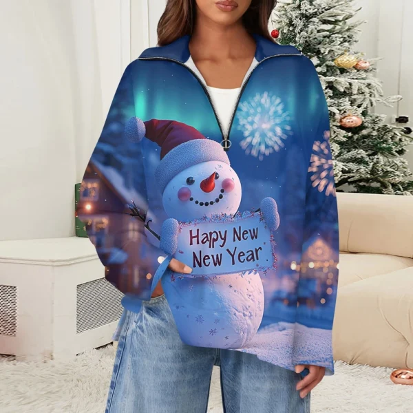 Women's Casual Half Zipper Lapel Christmas Printed Pullover Top Side Slit - Image 13