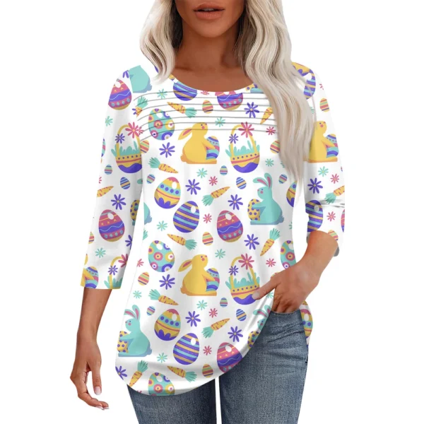 Women's Fashion Round Neck Pleated Front Placket Print 3/4 Sleeve Top - Image 7