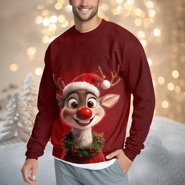 Men's Casual Fashion Comfortable Christmas Deer Printed Round Neck Pullover - Image 19