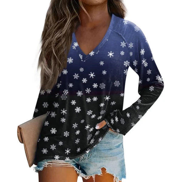 Women's Casual V-Neck Printed Long Sleeved Top Comfortable Christmas T-Shirt - Image 5