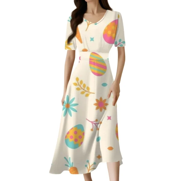 Ladies Casual Fashion Gradient Print V-Neck Short Sleeve Waist Long Swing Dress - Image 9