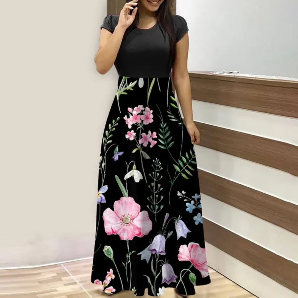 Women's Fashion Casual Loose Printed Round Neck Short Sleeve Long Dresses - Image 13
