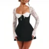 Women 's Elegant Lace Dress Lace Patchwork Long Sleeve Low Cut Dress Backless - Image 5