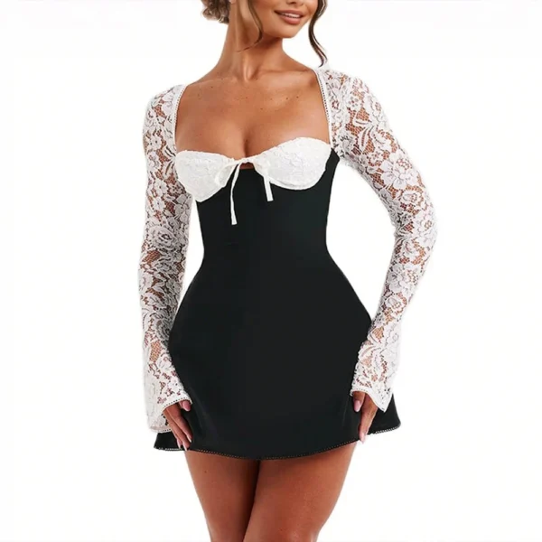 Women 's Elegant Lace Dress Lace Patchwork Long Sleeve Low Cut Dress Backless - Image 5