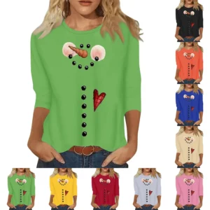 Ladies Casual Christmas Printed Top Round Neck 3/4 Sleeve Loose Women's T-Shirt