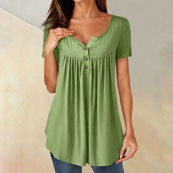 Women Tunic Tops Dressy Casual Summer Short Sleeve Shirts Loose Fit Pleated - Image 13