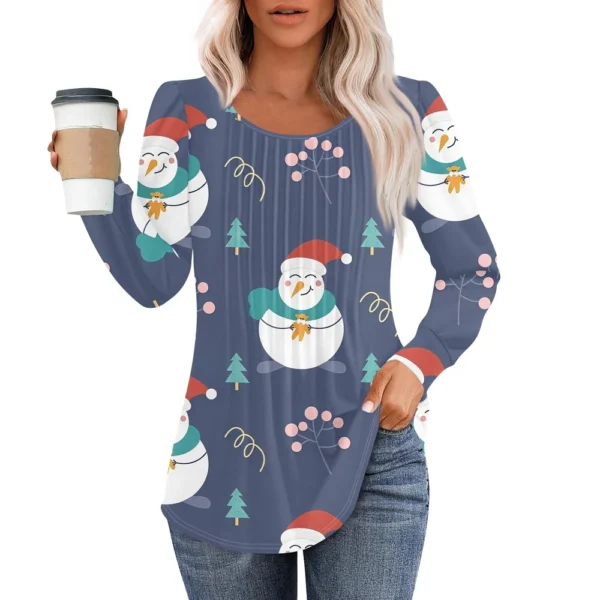 Women's Christmas Printed Top Round Neck Casual Pleated Long Sleeved T-Shirt - Image 6