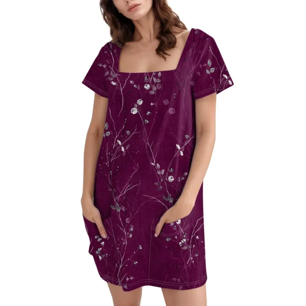 Women's Square Collar Short Sleeve Fashion Skirt Floral Print Pocket Casual - Image 3