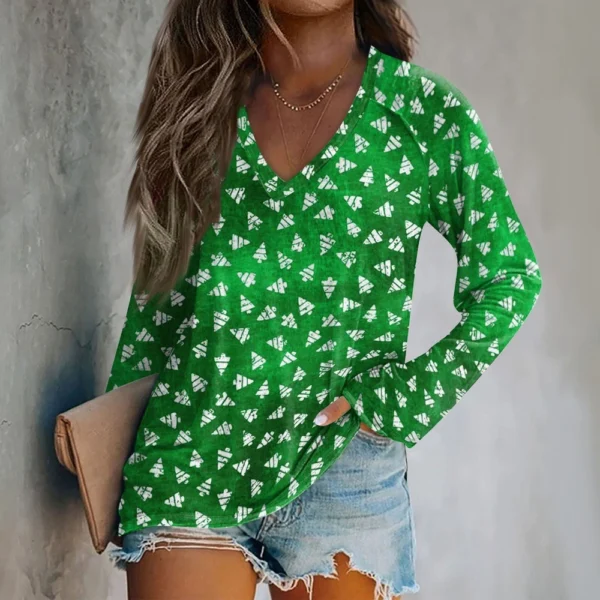 Women's Casual V-Neck Printed Long Sleeved Top Comfortable Christmas T-Shirt - Image 19