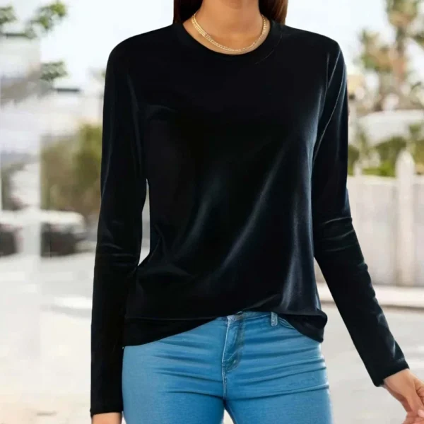 Women's Fashion Golden Velvet Solid Colour Round Neck Long Sleeve T-Shirt Top - Image 15