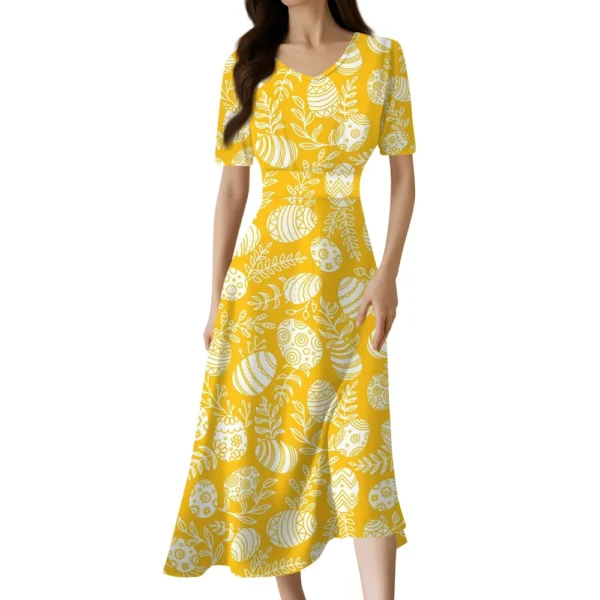Ladies Casual Fashion Gradient Print V-Neck Short Sleeve Waist Long Swing Dress - Image 12