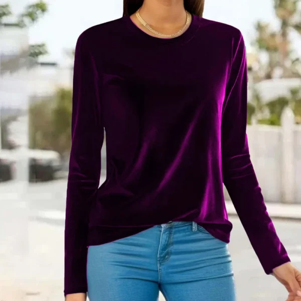 Women's Fashion Golden Velvet Solid Colour Round Neck Long Sleeve T-Shirt Top - Image 33