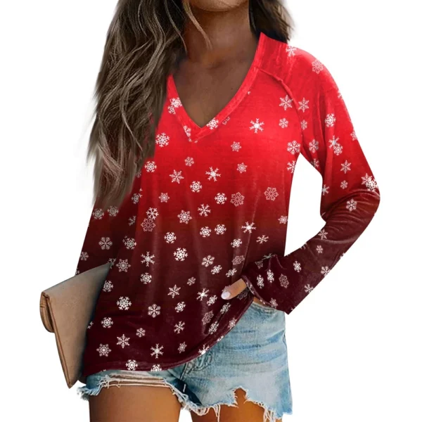 Women's Casual V-Neck Printed Long Sleeved Top Comfortable Christmas T-Shirt - Image 7