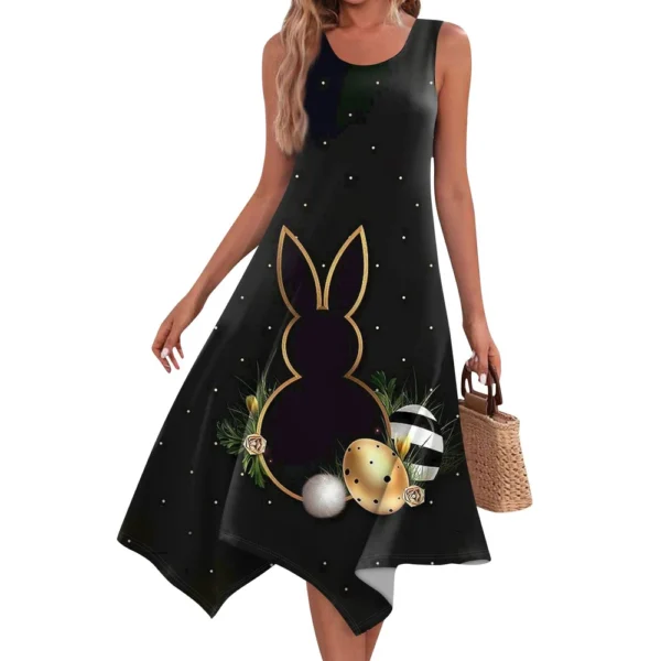 Women's Casual Fashion Round Neck Sleeveless Print Irregular Hem Midi Dress - Image 14