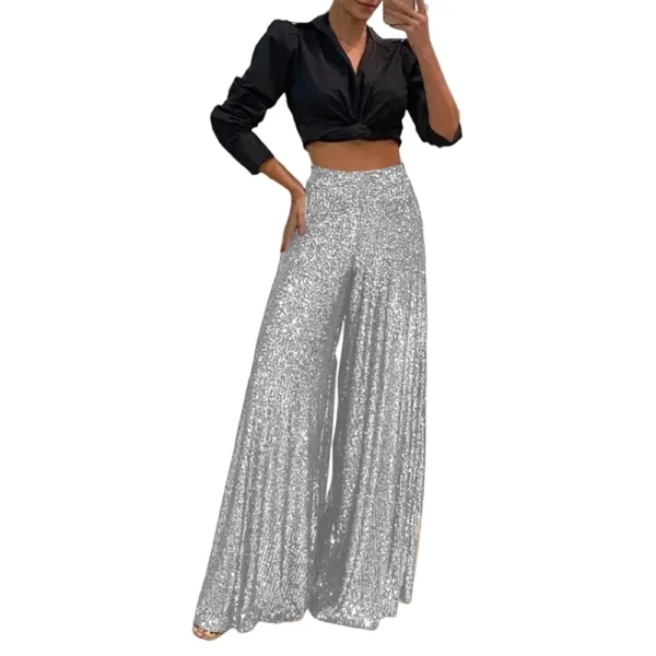 Women's Fashion Casual High Waist Thin Trousers Solid Colour Sequin Wide Leg - Image 20
