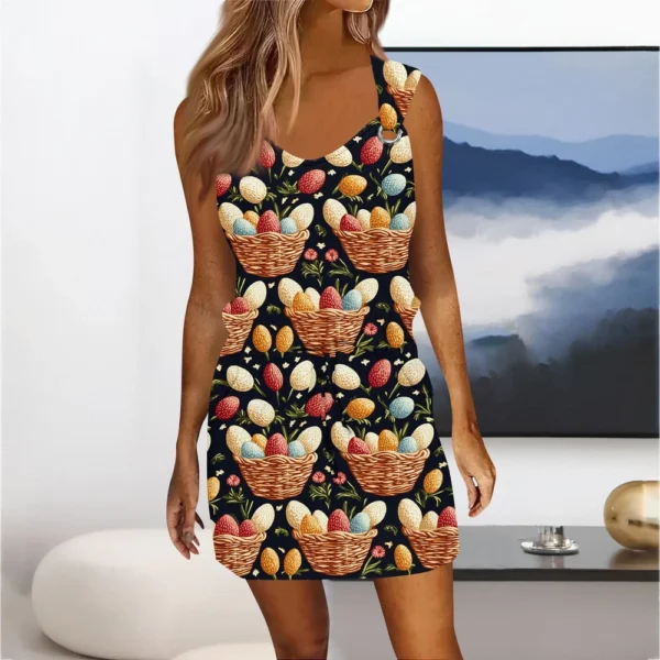 Women's Fashion Casual Easter Printed Sleeveless Drawstring Dress With Pockets - Image 16