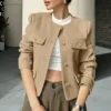 Women's Solid Color Round Neck Fashionable Button Decorated Short Jaket - Image 28