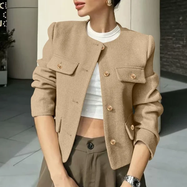 Women's Solid Color Round Neck Fashionable Button Decorated Short Jaket - Image 28