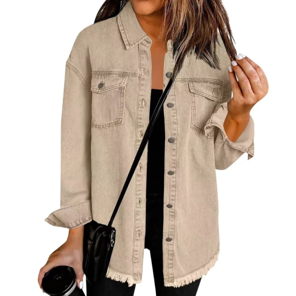Women's Fashion Denim Shirt Jacket Milled Hem Button Casual Long Sleeve Jacket - Image 32