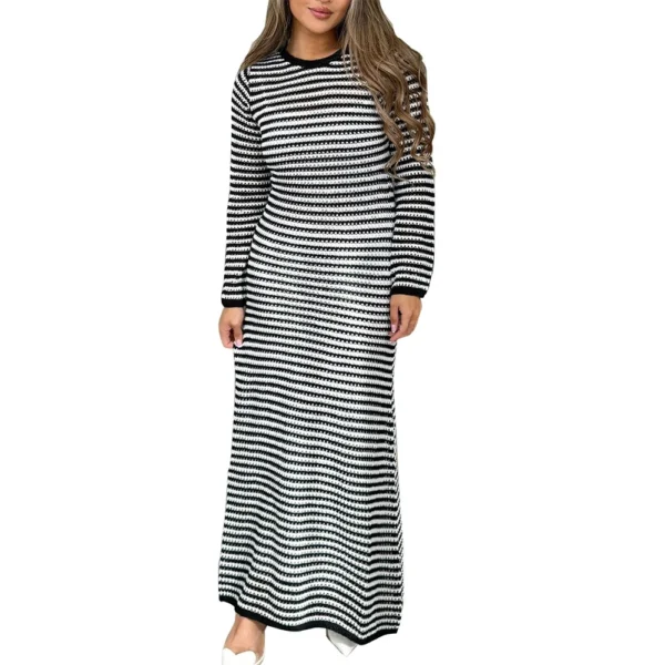 Women's Casual Striped Long Sleeved Sweater Dress, Mid Length Dress, Slim Fit - Image 14