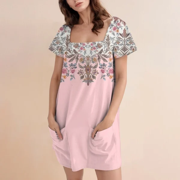 Women's Square Collar Short Sleeve Fashion Skirt Floral Print Pocket Casual - Image 21