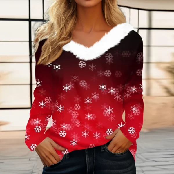 Women's Christmas Long Sleeve Shirt Top V Neck Party Fleece Collar T Shirt - Image 19