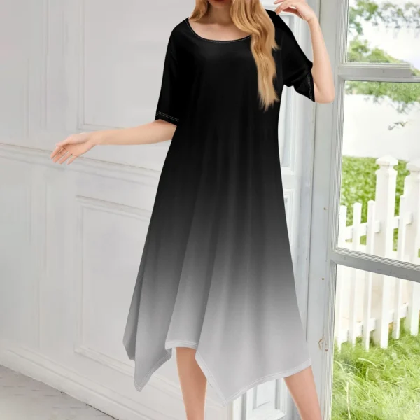 Women's Casual Fashion Round Neck Short Sleeve Print Irregular Hem Midi Dress - Image 13