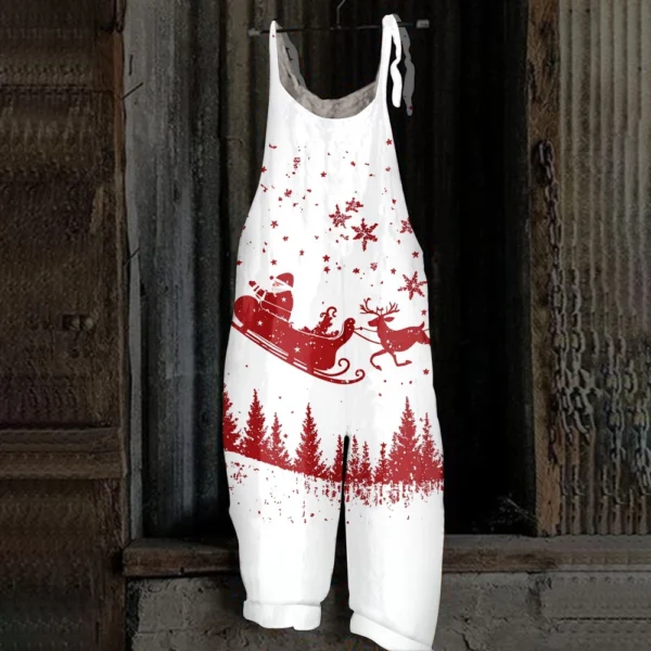 Women's Loose Vintage Shoulder Strap Print Casual Jumpsuit Christmas - Image 31