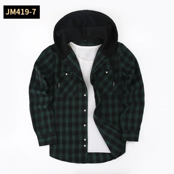 Thick long-sleeved hooded plaid shirt for men loose - Image 22