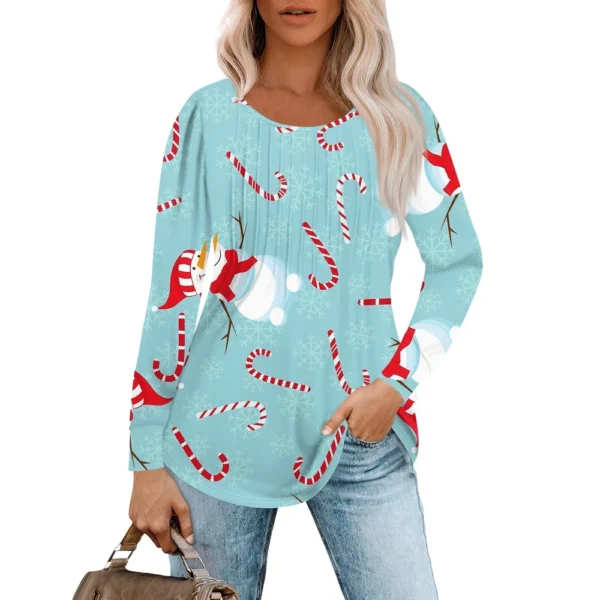 Women's Christmas Printed Top Round Neck Casual Pleated Long Sleeved T-Shirt - Image 16