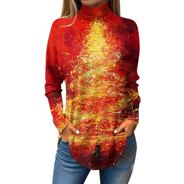 Women's Casual Pullover High Neck Christmas Long Sleeve Printed Fashion T-Shirt - Image 26