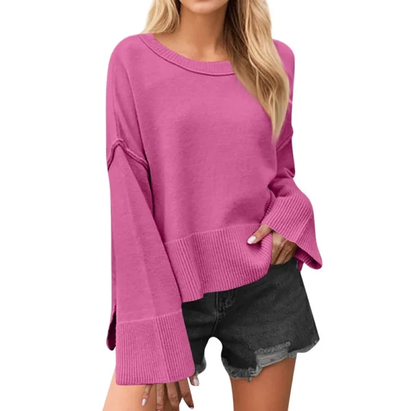 Women's Solid Color Round Neck Bell Sleeve Pullover Knitwear Fashion Short - Image 2
