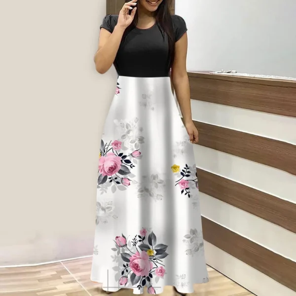 Women's Fashion Casual Loose Printed Round Neck Short Sleeve Long Dresses - Image 34