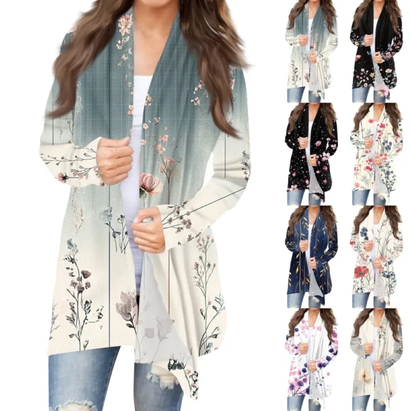 Women's Fashion Casual Vintage Floral Printed Mid-Length Cardigan Jacket