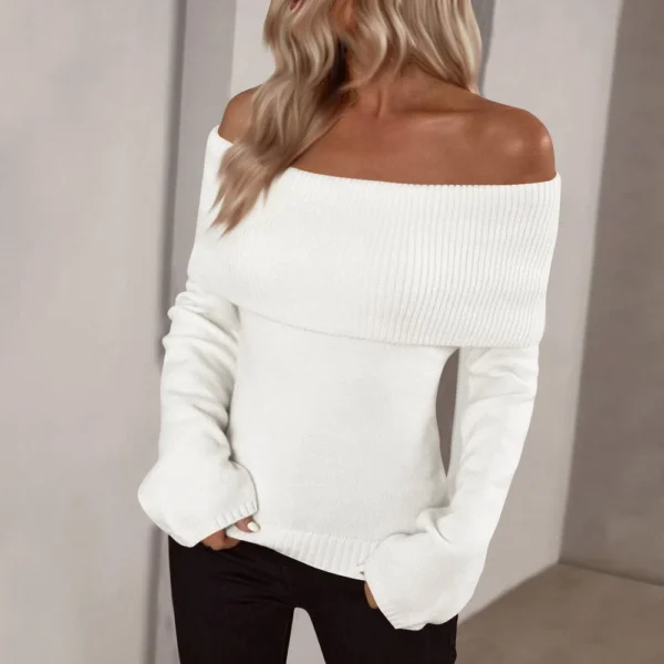 Pullover Jumper Tops Womens Off Shoulder Fold Over Sweater Knit Fall Sweaters - Image 28