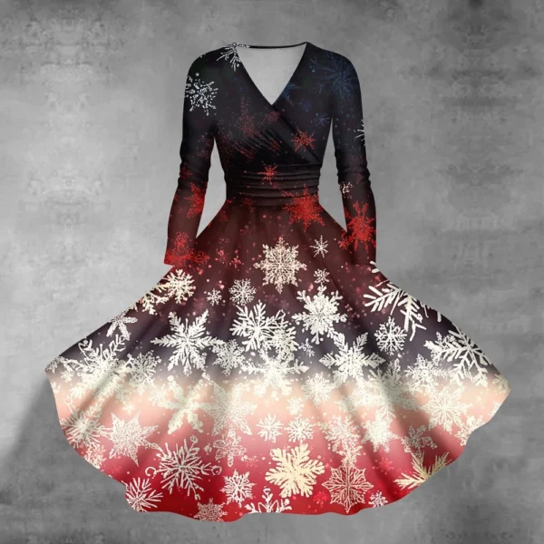 Women's Casual V-Neck Slim Fashion Christmas Long Sleeve Printed Dresses - Image 13