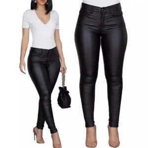 Solid color PU leather pants casual women's trousers