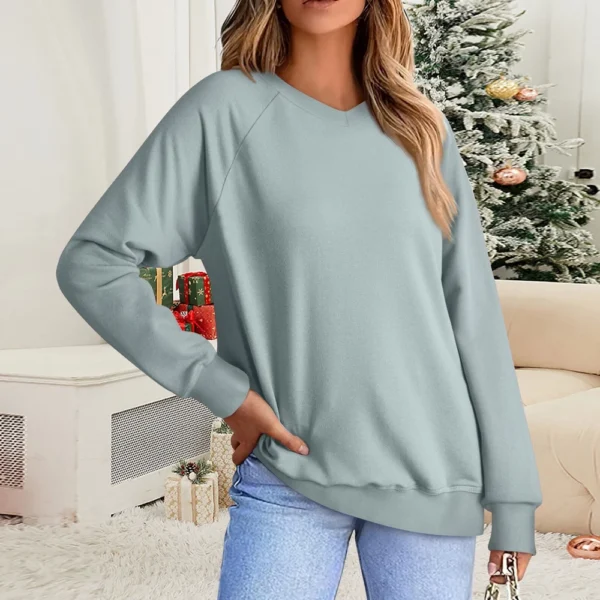 Women's Fashion Sweatshirt V-neck Long Sleeve Solid Color Casual Loose Pullover - Image 25
