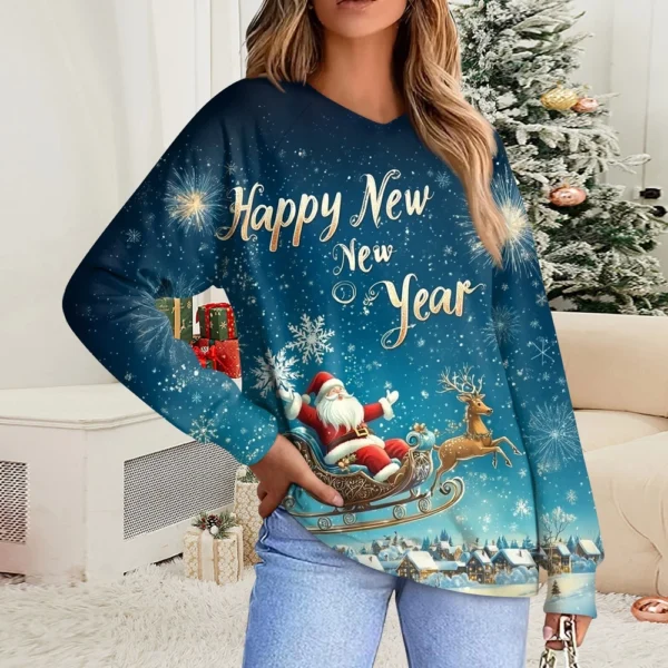 Women's Casual Fashion Comfortable Raglan Sleeve V-Neck Christmas Print - Image 34