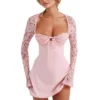 Women 's Elegant Lace Dress Lace Patchwork Long Sleeve Low Cut Dress Backless - Image 20