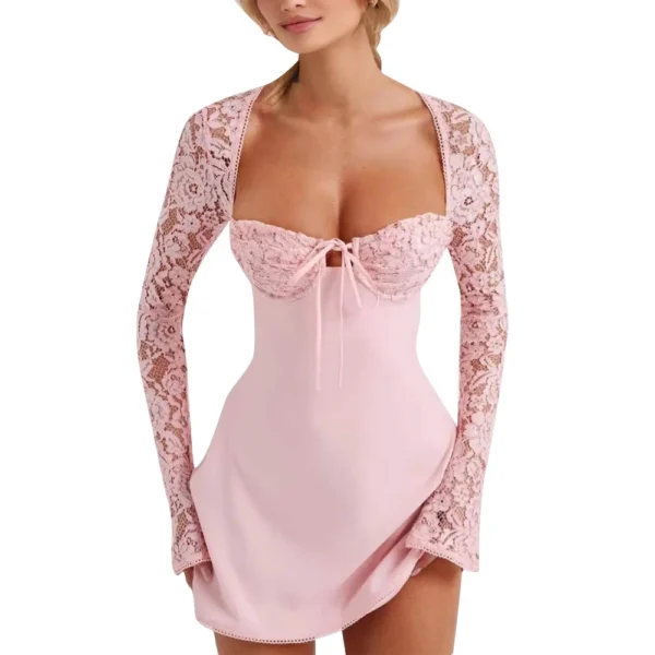 Women 's Elegant Lace Dress Lace Patchwork Long Sleeve Low Cut Dress Backless - Image 20