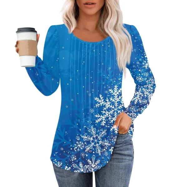 Women's Casual Christmas T-Shirt Round Neck Printed Pleated Long Sleeved Top - Image 14