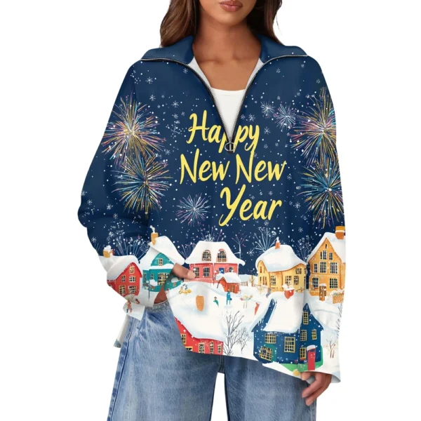 Women's Casual Half Zipper Lapel Christmas Printed Pullover Top Side Slit - Image 7