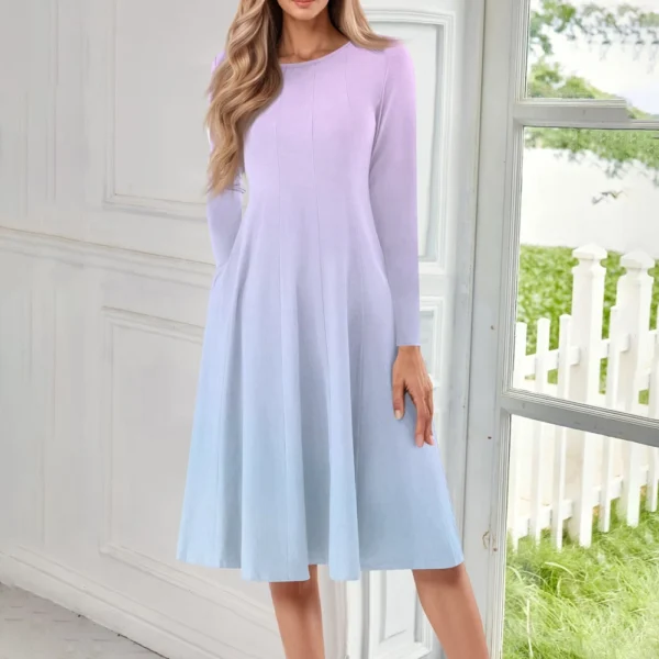 Women's Casual Fashion Round Neck Long Sleeve Print Midi Dress - Image 22