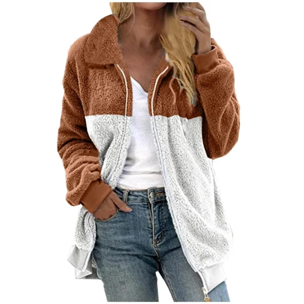 Women's Casual Color Blocking Loose Plush Zippered Flip Collar Jacket With - Image 6
