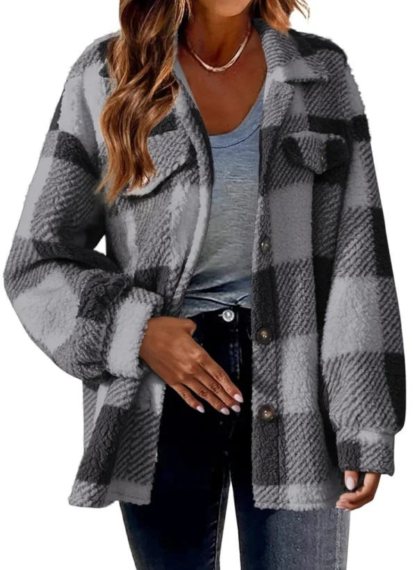 Pocket Plaid Jacket Button Plush Jacket - Image 6