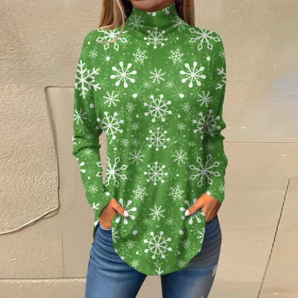 Women's Casual Printed High Neck Fashion Long Sleeve Pullover Christmas T-Shirt - Image 22