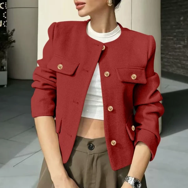 Women's Solid Color Round Neck Fashionable Button Decorated Short Jaket - Image 48