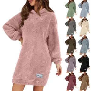 Women's Fashion Hooded Long Sleeve Plush Dress Solid Color Casual Sweatshirt